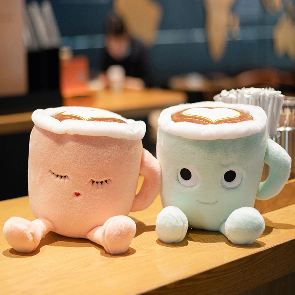 Cute Fluffy Cartoon Stuffed Plush Coffee Cup Toys Romantic Pink Sakura Latte and Japanese Matcha Dolls Fancy Gifts