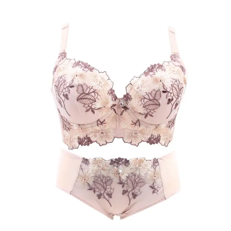 Embroidery Flower Lace Push Up Bra Set Matching Panties Women Wide Strap Cotton Iner Cup Lingerie Bralette Sexy Soutient Gorge