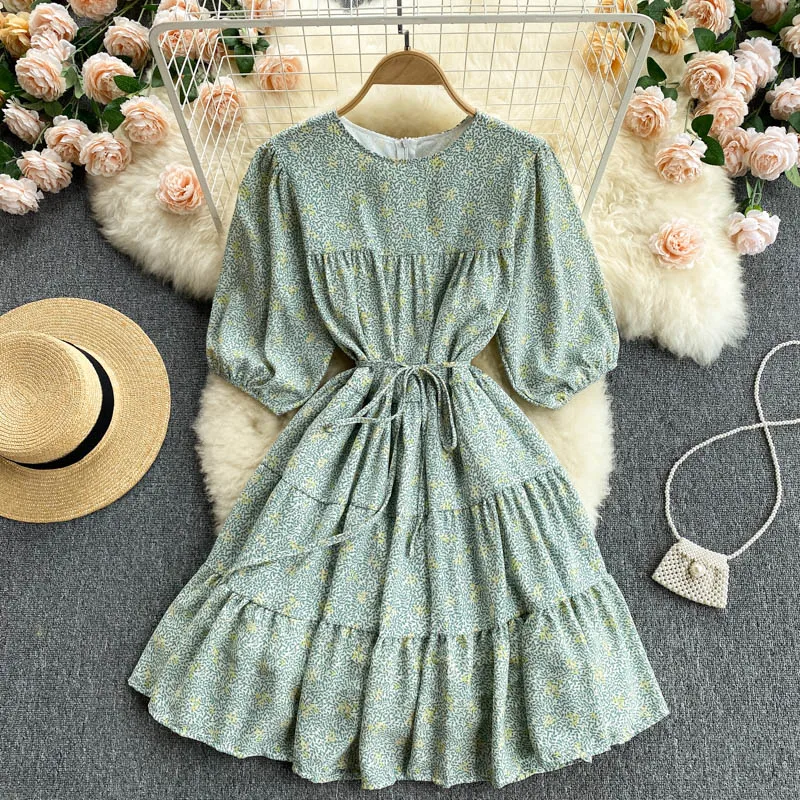 

Croysier Floral Print Dress Women Summer Tiered Elegant Chiffon Mini Dress Round Neck Half Puff Sleeve Casual Dress With Belt