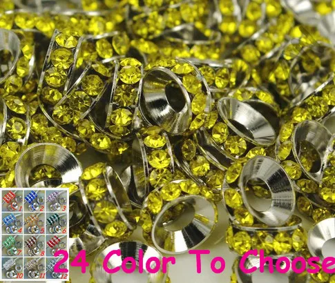 Fhy4ift 10mm Yellow 100pcs/Lot Rhinestone Crystal Rondelle Spacer Beads, Rhodium Plated Big Hole European Beads