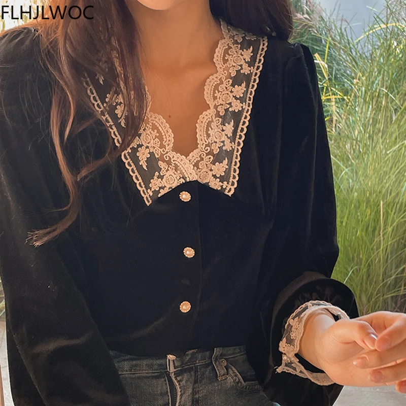 French Style Outerwear Chic Fashion Women Long Sleeve Patchwork Hollow Out White Lace Outside Velvet Short Tops Button Shirts