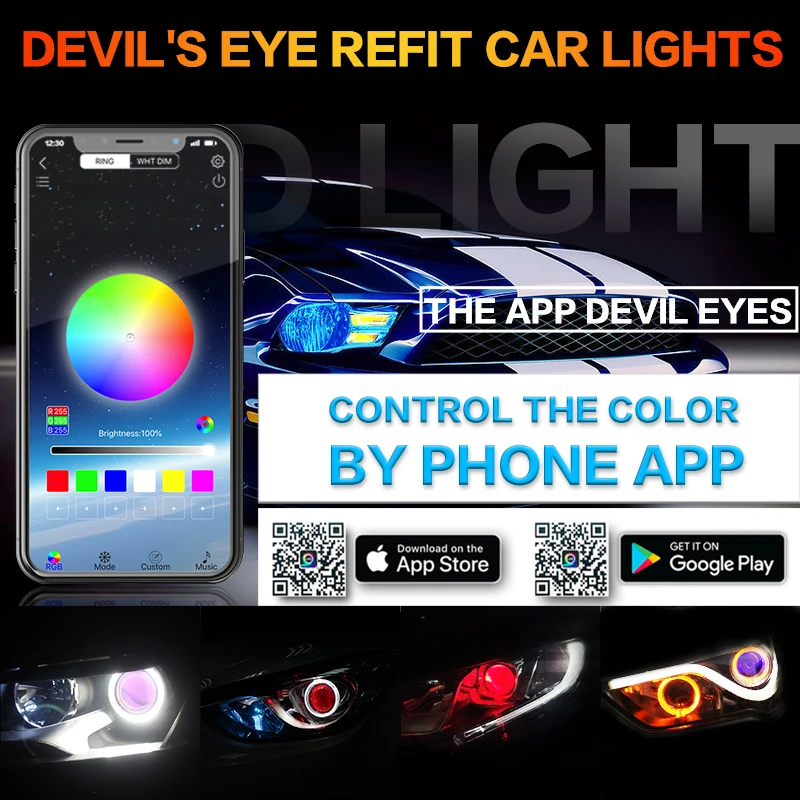 Car Led Devil Eye Demon Evil Eyes DRL LED Bluetooth-compatible APP RGB 2.5 Headlights Motorcycle Mini Projector Lens Accessories