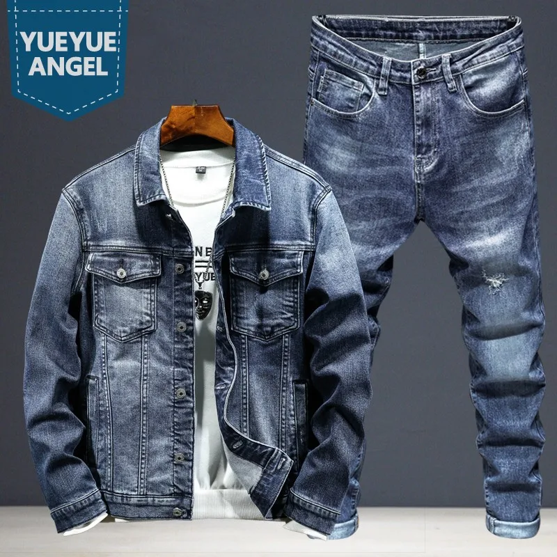 New Spring Autumn Mens Denim Two Piece Set Vintage Cargo Jacket Pencil Pants Fashion Outerwear Jeans Matching Set Outfit Male