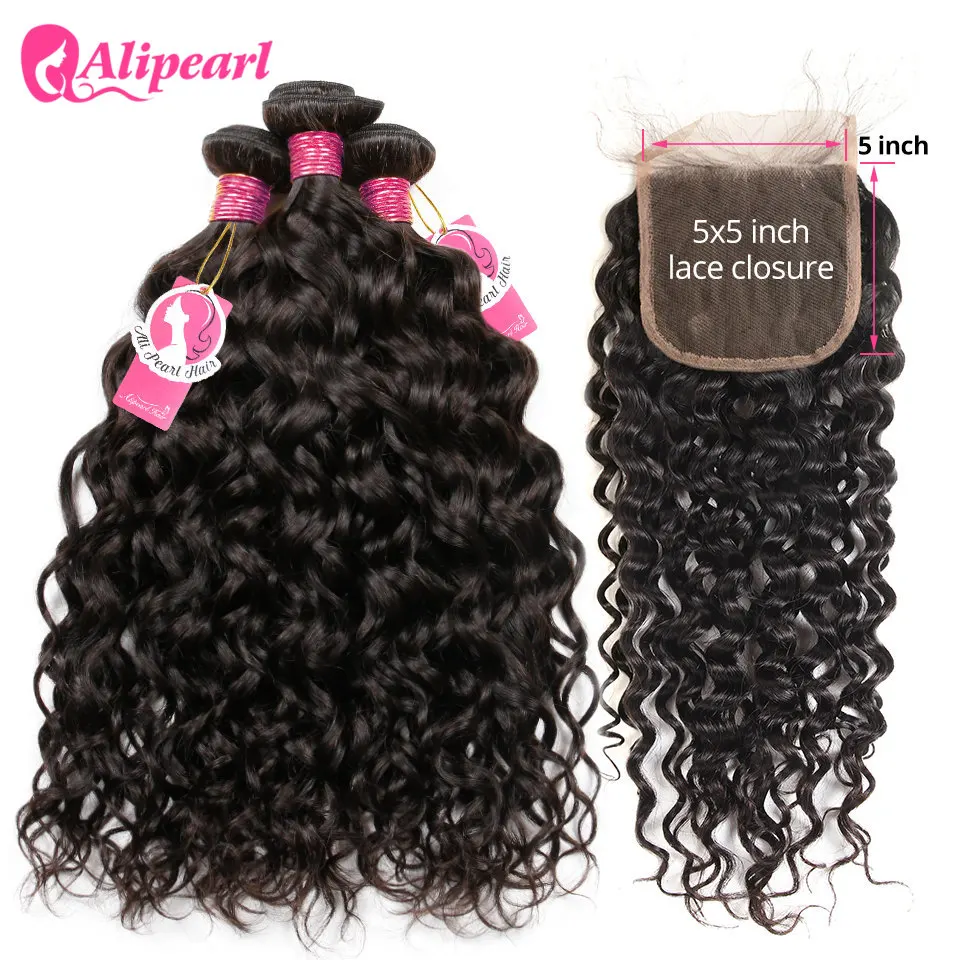 Alipearl Hair Water Wave Bundles With Closure Brazilian Hair Weave 3 Bundles With 5x5 Closure Free Part Remy Hair Extension