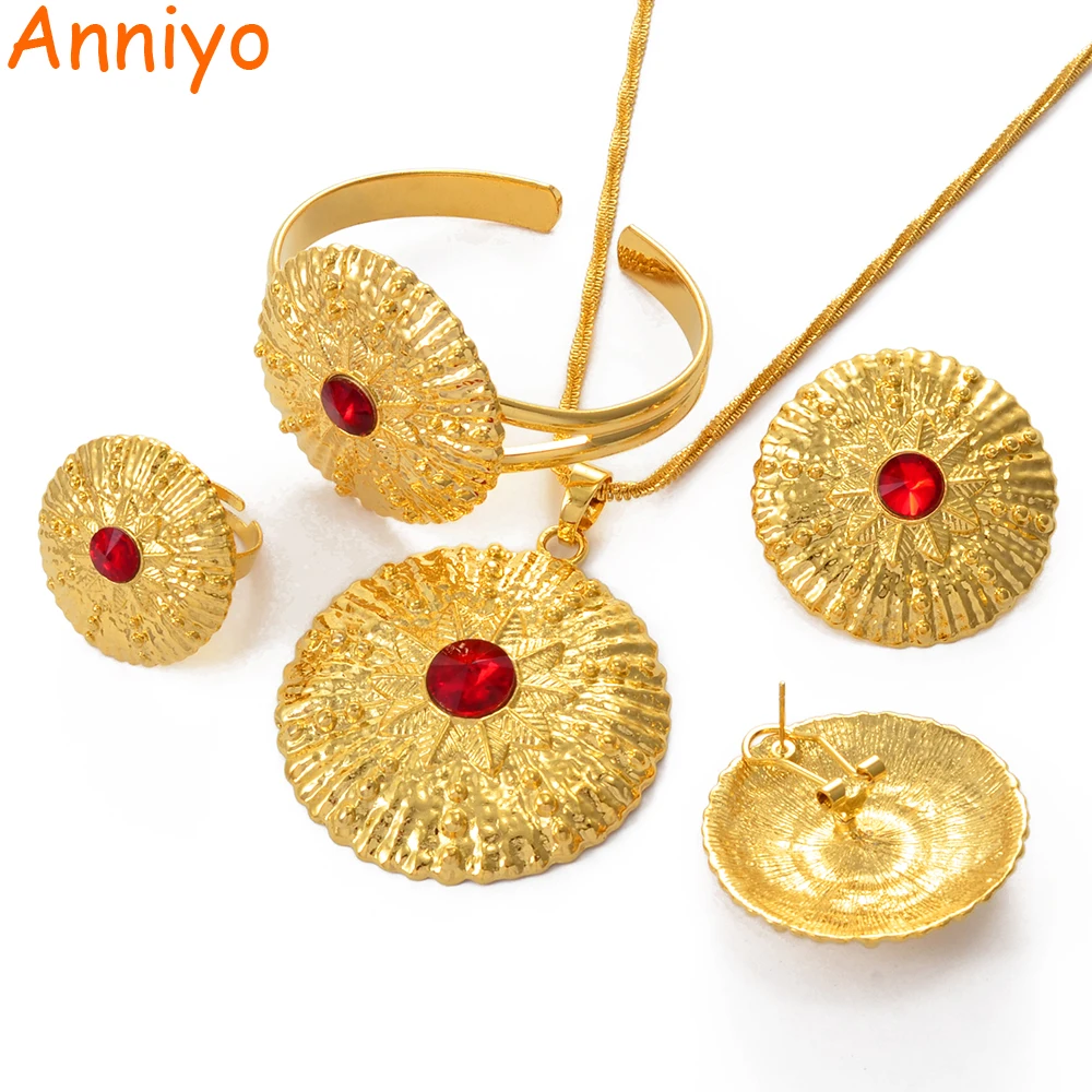 Anniyo Ethiopian Gold Color sets Necklace Bangle Earrings Adjustable Ring Habesha Jewelry Eritrean Best Holiday #056402