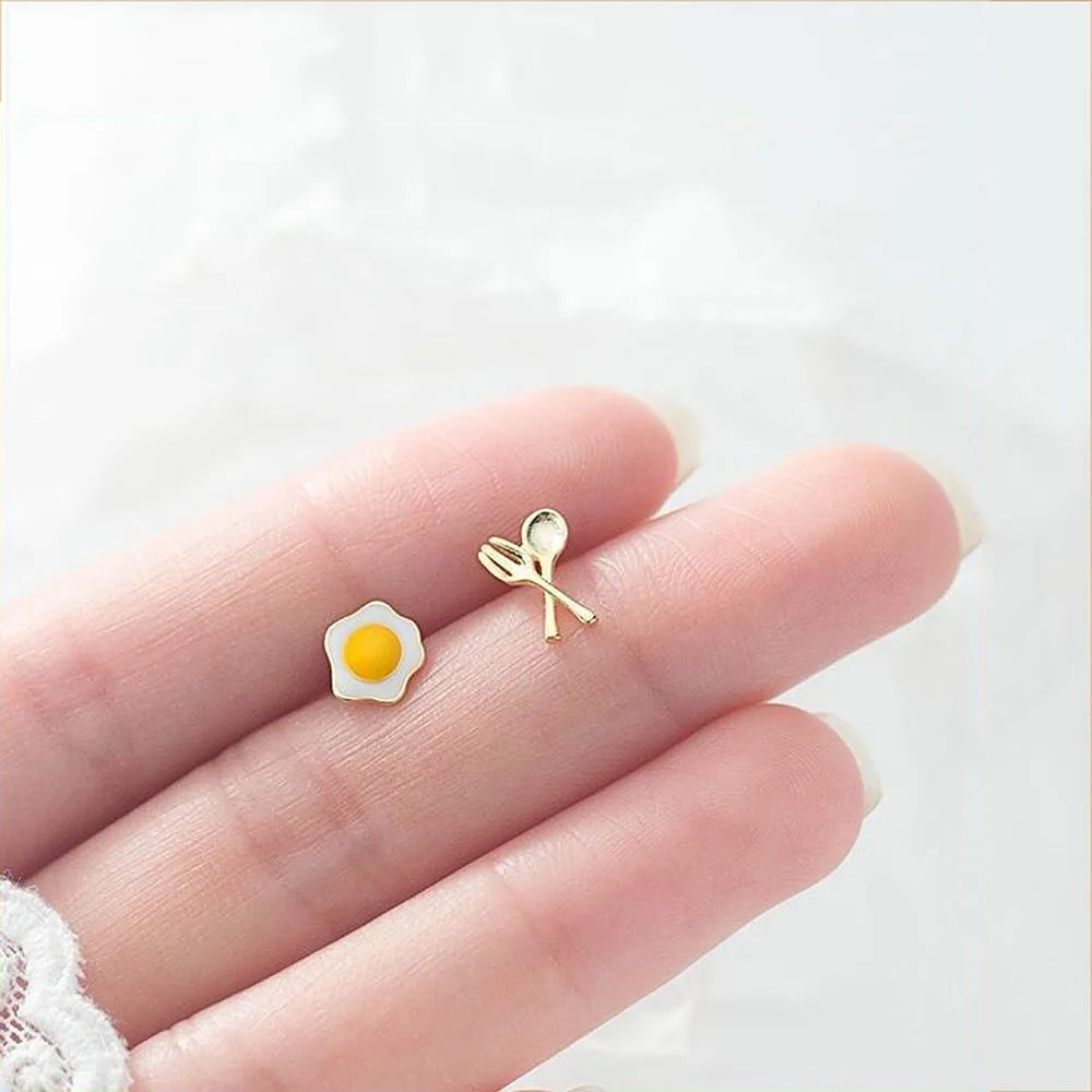 Fashion Asymmetric Knife Fork Poached Egg Bird Nest Stud Earrings for Women Girls Party Wedding Jewelry Gift 1 Pair