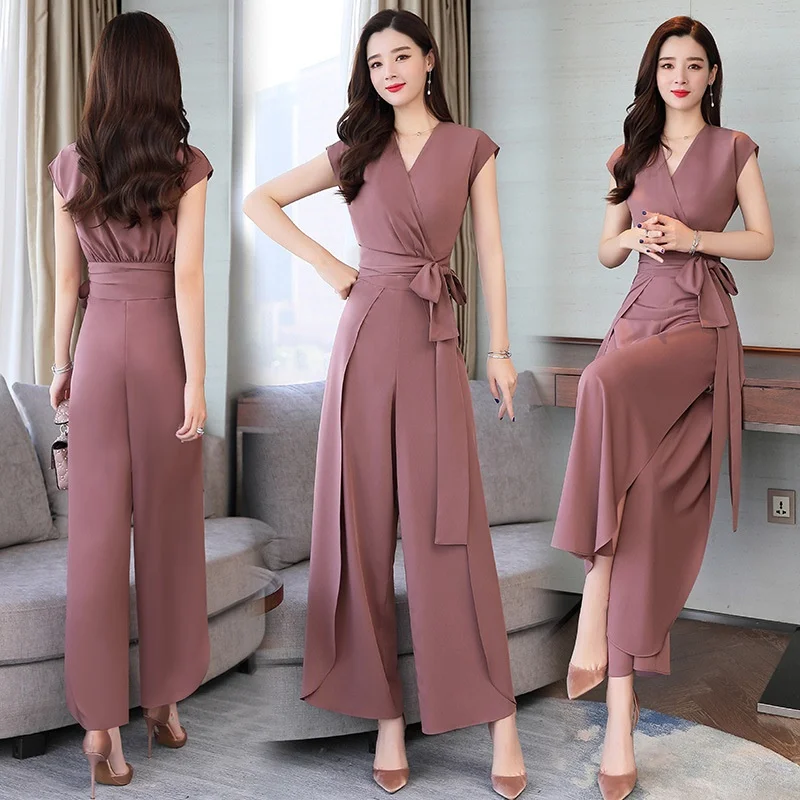 Summer Jumpsuit 2019 Korean Overalls Female Chiffon Short Sleeve Ladies Office Work Wear Elegant Jumpsuits For Women 2019 DD2333