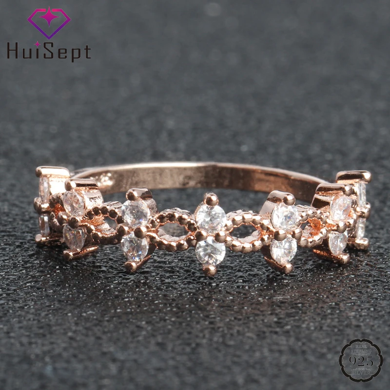 

HuiSept Trendy 925 Silver Ring Jewellery Inlaid Zircon Gemstone Ornaments for Women Wedding Gift Wholesale Rose Gold Color Ring