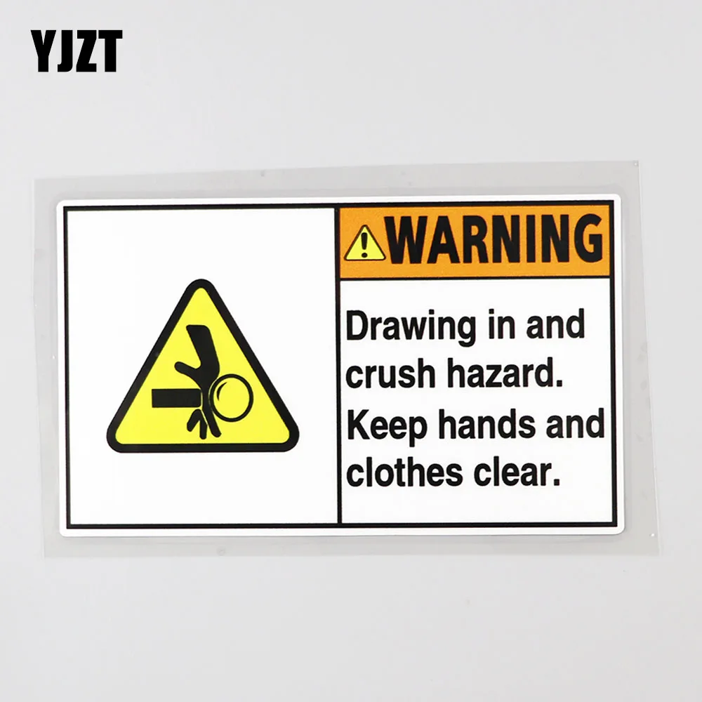 YJZT 14.3CM×8.4CM Warning Drawing In And Crush Hazard Hands Decal PVC Car Sticker 12C-0140