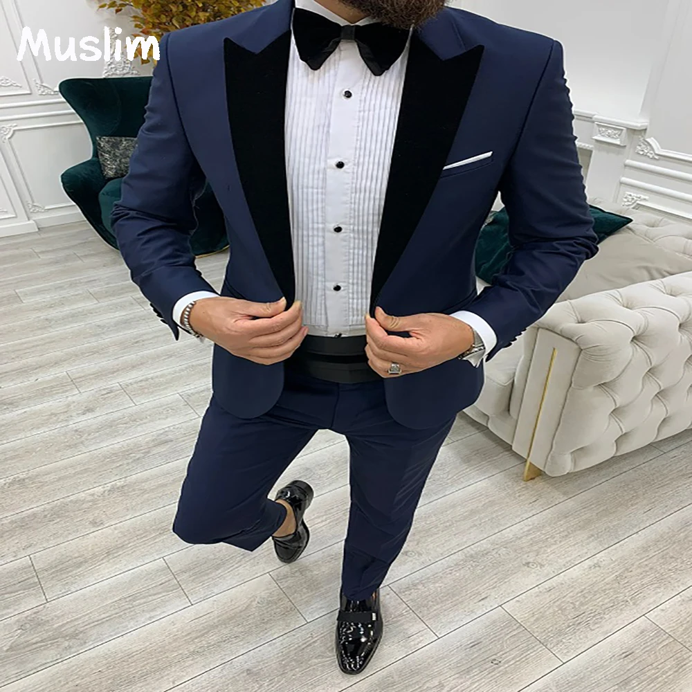 

Latest Navy Blue Men Suit Set Wedding Wear Peak Lapel Slim Wedding Tuxedo 2022 Groom Costumes Boyfriend Suit Coat Pant Fashion