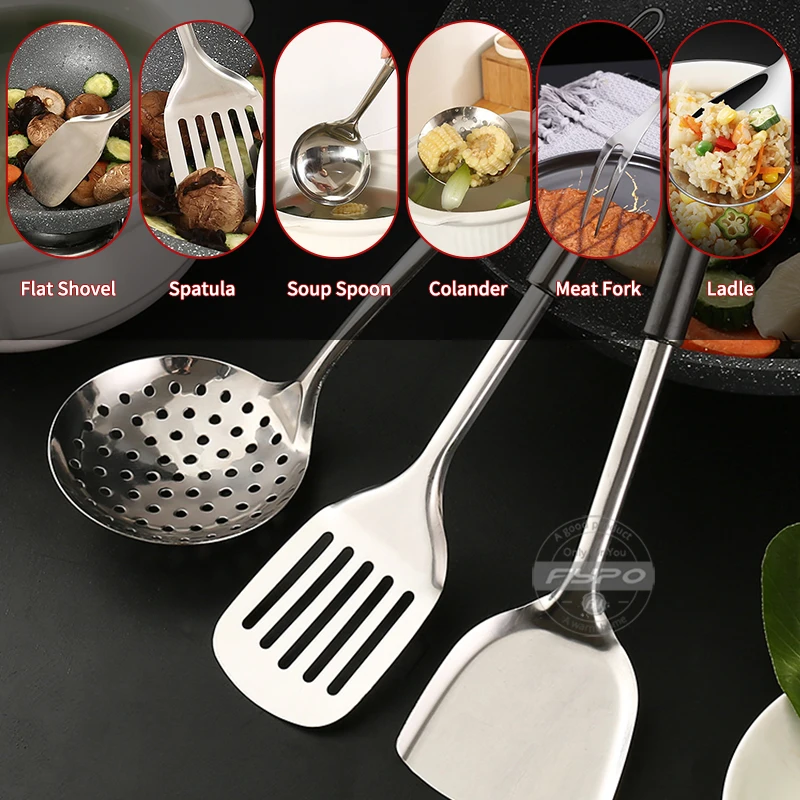 Stainless Steel Cooking Utensils Kitchen 6 Pics With Storage Rack Spatula Colander Cookware Kitchen Tools Serving Soup Spoon