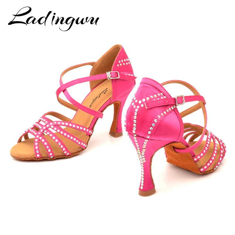 Ladingwu Women's Pink Red Satin Dance Shoes with Rhinestones Soft Bottom for Latin Salsa Ballroom Dancing