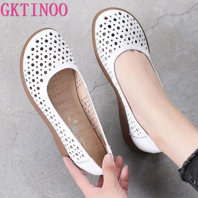 GKTINOO White Genuine Leather Ladies Breathable Summer Shoes Women Flats Slip-On Loafers Round Toe Soft Flat Shoes Casual