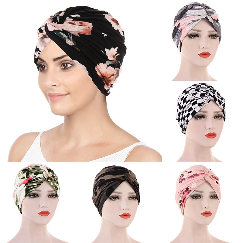 Muslim Hijab Women Floral Print Hat Chemo Cancer Cap Islamic Hair Wrap Headscarf Turban Headwear Elegant Satin Liner Inner Cap