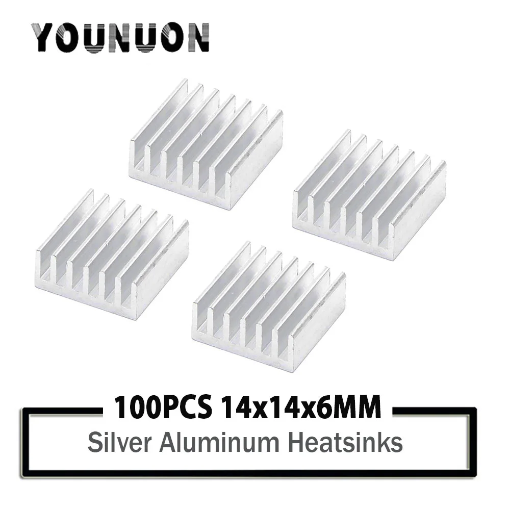 

YOUNUON 100 pcs 14x14x6mm Silver Aluminum Heatsink 14mm x 6mm Chip CPU GPU VGA RAM LED IC Heat sink Radiator with 3M Tape