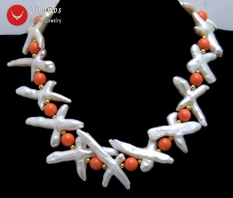 

Qingmos 30*60mm Cross Natural White Pearl Necklace for Women with 9-10mm Round Pink Coral Necklace Jewelry 17'' nec6371