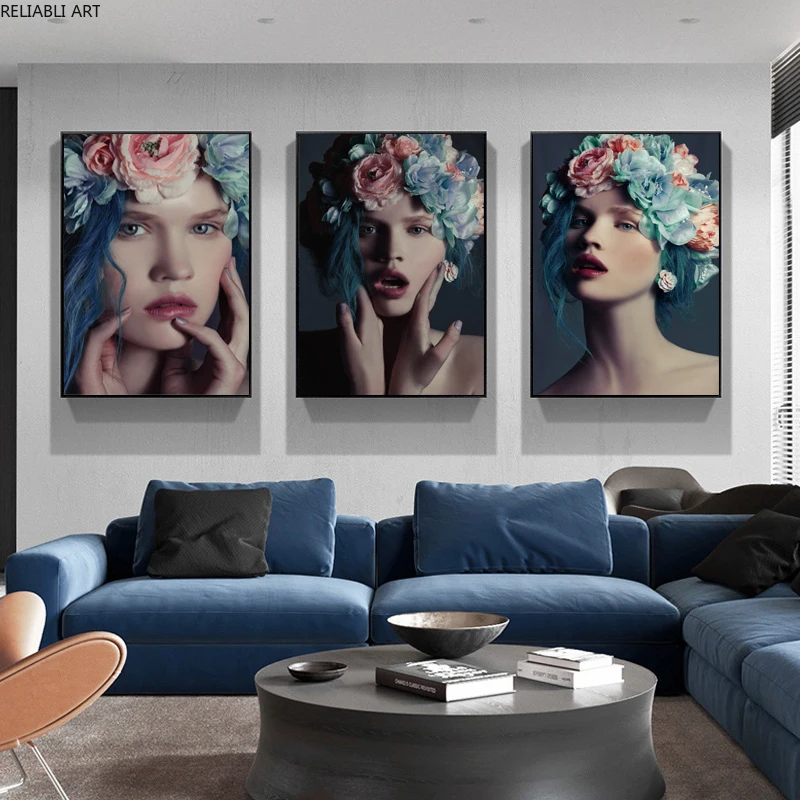 Colorful Flowers Headband Woman Model Avatar Girl Wall Art Canvas Painting Posters And Prints Pictures Living Room Home Decor