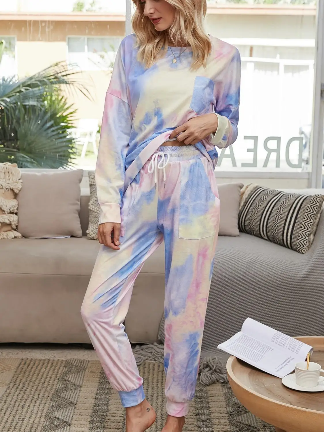 Feibushi fall 2020 women's wear gradual change pajamas tie dye long sleeve trousers home wear two piece set