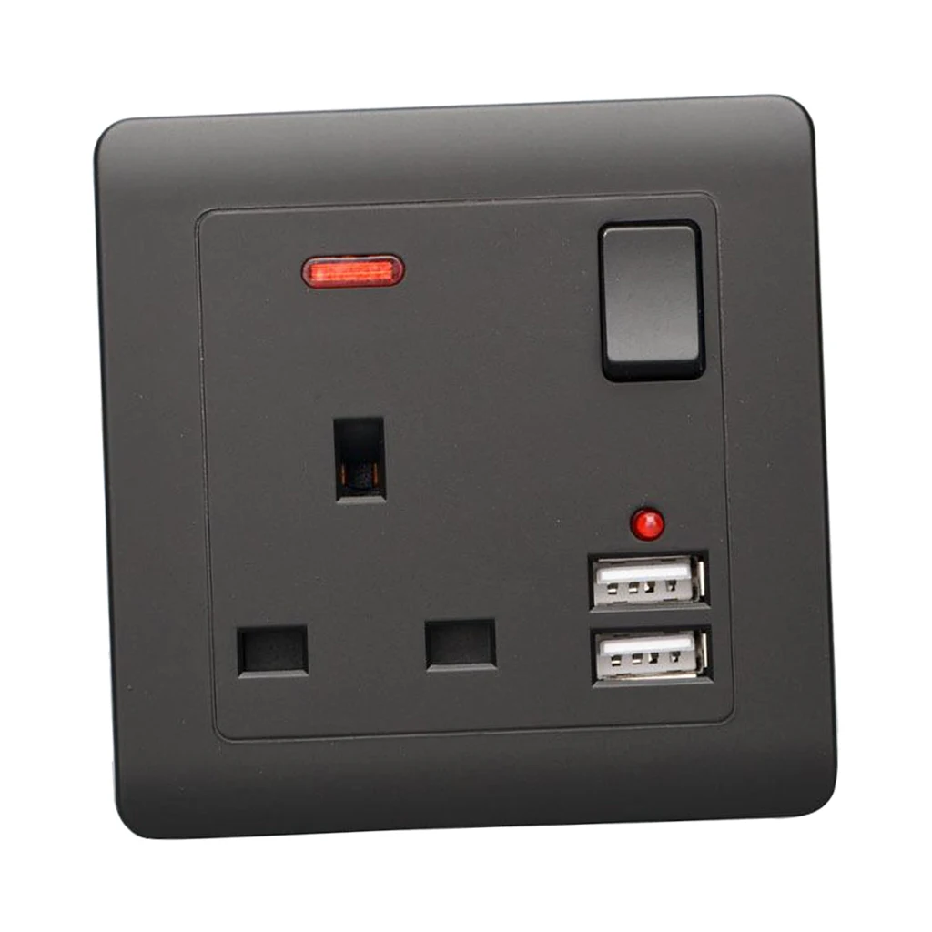 Electrical Wall Socket UK Plug 2 USB Charger Port Outlets Plate 13A Black 2 Gang 2 USB Charger Port Outlets Plate