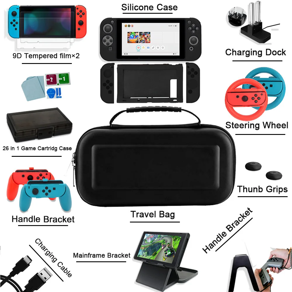 닌텐도 스위치 게임 액세서리 세트 여행용 가방 조이콘 보호 커버, 충전 도크 화면 보호기 NS 브래킷