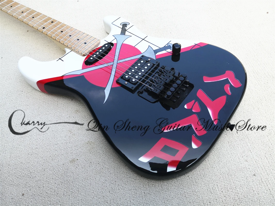 Pre-customized 6 Strings Electric Guitar,Char guitar,black body,sword pattern,tremolo bridge,black buttons