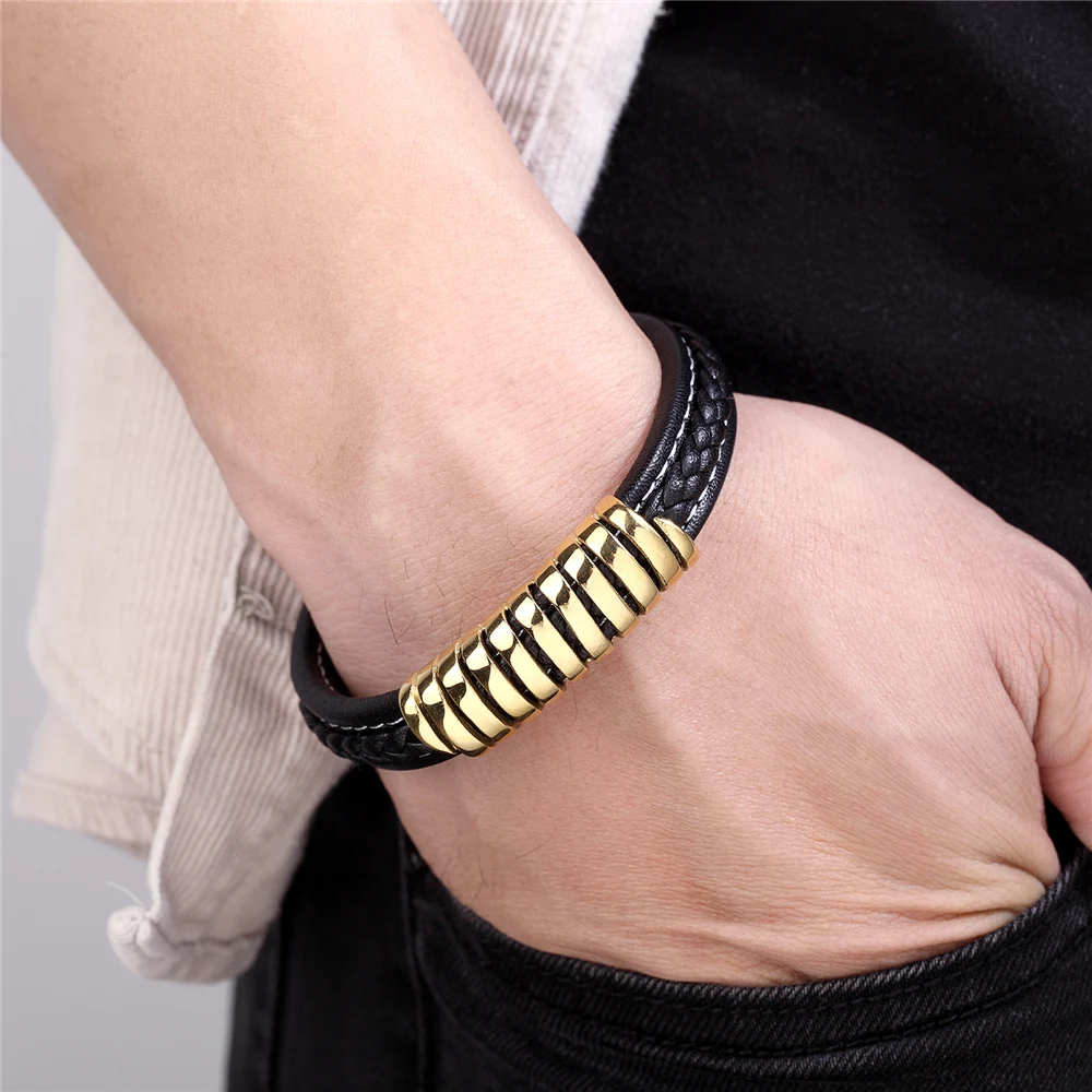 New Style Hand-woven Fashion Leather Bracelet Men\'s Stainless Steel Bracelet Geometric Women\'s Jewelry Pulseira Feminina TZ-1777