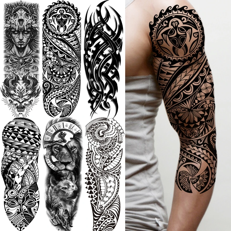 Tribal maori temporária tatuagem manga para homens mulheres adulto lobo leão tatuagens adesivo preto grande tartaruga tiki falso tatoos suprimentos