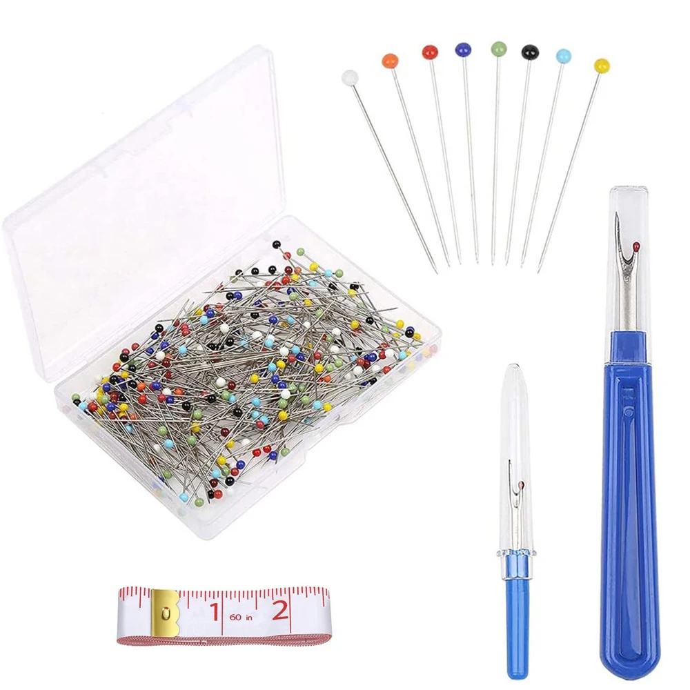 

250PCS Multicolor Sewing Pins Glass Head Straight Pins with Seam Ripper Soft Tape Measure for Crafting Dressmaking Quilting Tool