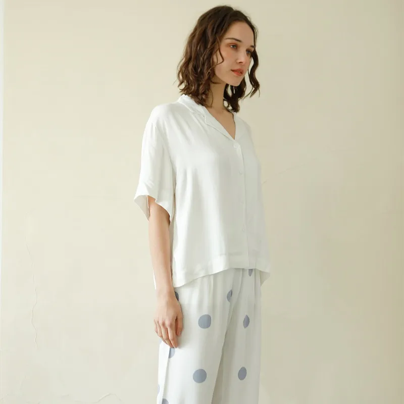 Summer Casual 100% Viscose Women\'s White Short Sleeve Pajama Sets Blue Dot Ankle-Length Pants Loose Comfortable Sleepwear Suits