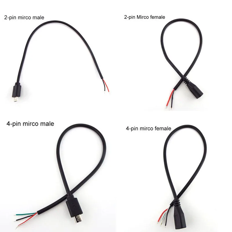 1pcs/5pcs Micro USB 2.0 A Female Jack Android Interface 4 Pin 2 Pin Male Female Power Data Charge Cable Cord Connector 30CM