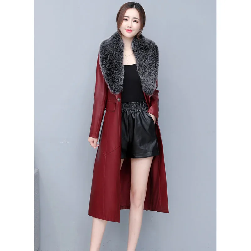 High Quality Women's Leather Coat 2022 Spring Autumn Winter Coat Long Over The knee Leather Jacket Slim Women Windbreaker 5XL