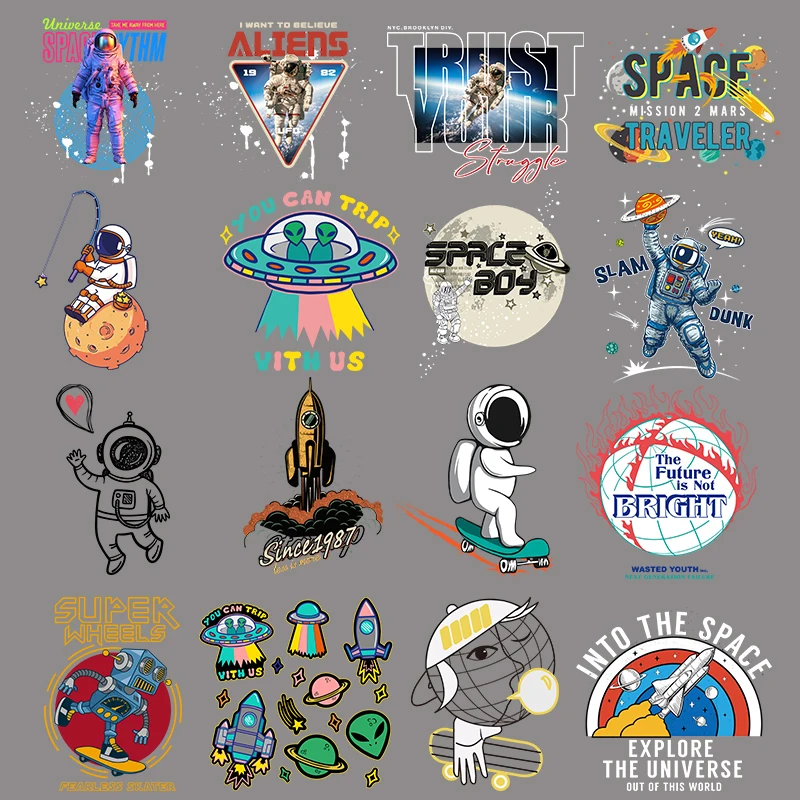 DIY Iron on Transfer Space Astronaut Patch Heat Transfer Vinyl Planet Patches Applique Hippie Alien UFO Thermal Sticker