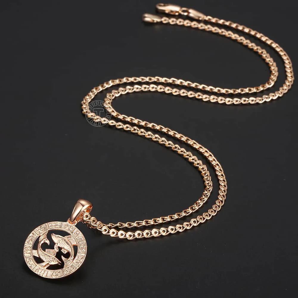 Hot Pisces Zodiac Sign Necklaces 585 Rose Gold Color Pendant Necklace Male Jewelry Gifts GP286