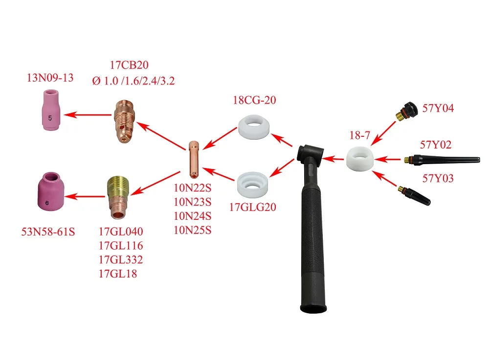 RIVERWELD ฝาหลัง TIG ยาว57Y02 57Y03 57Y04 Fit QQ300 PTA DB SR WP 17 18 26ไฟฉายเชื่อม TIG 10Pcs