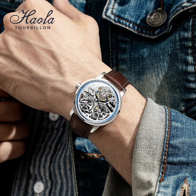 Haofa Hollow Automatic Tourbillon Movement Watches Men Skeleton Sapphire Self-Wind Mechanical Watch for Men Business Casual 1930