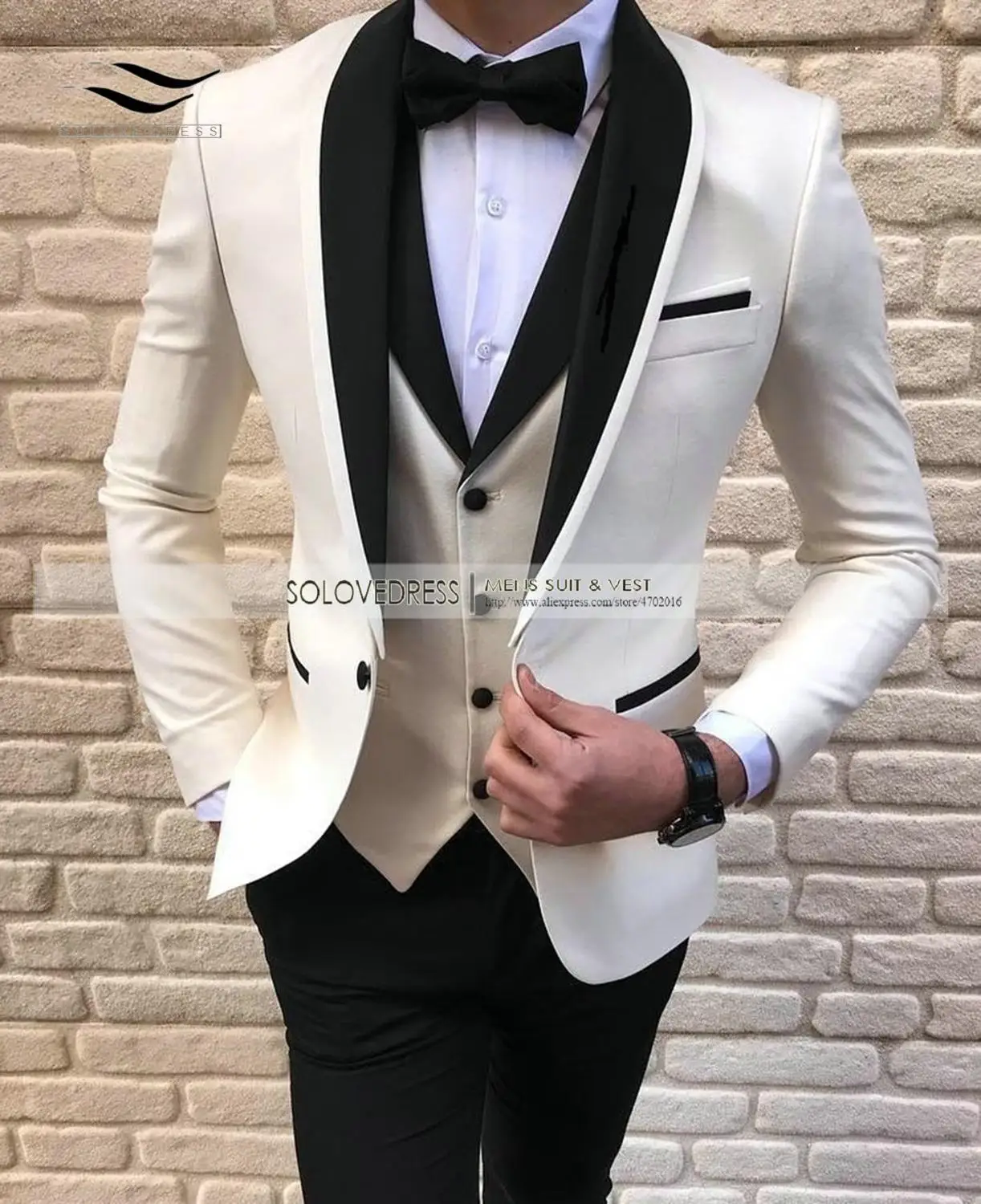 Costume 3 pièces blanc col en V pour homme, Tuxedos décontracté à revers cranté, costume pour mariage (veste + pantalon + gilet)