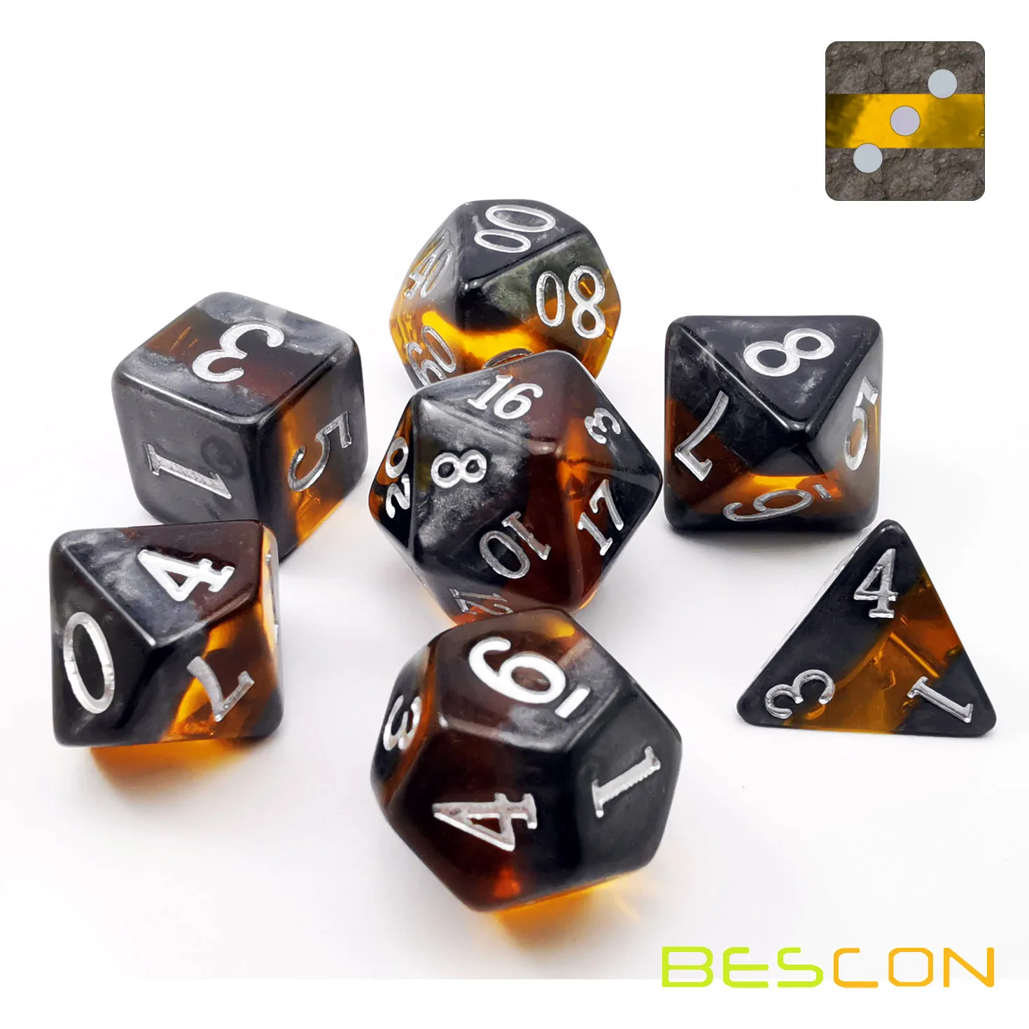 Bescon Mineral Rocks GEM VINES Polyhedral D&D Dice Set of 7, RPG Role Playing Game Dice 7pcs Set of AMBER