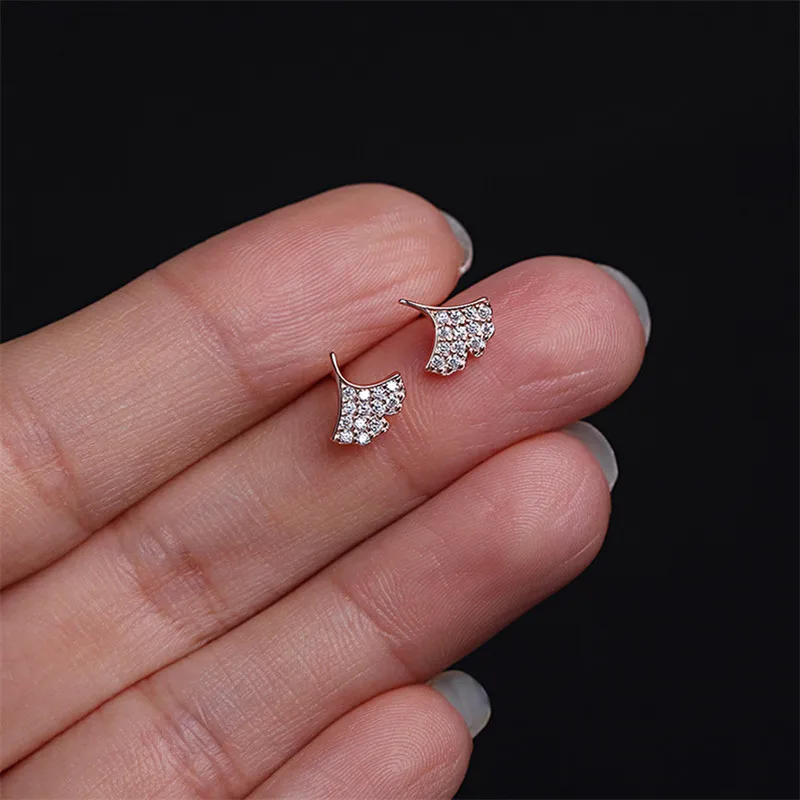 925 Sterling Silver Pavé Zircon Ginkgo Leaf Earrings for Women Simple Small All-match Ear Jewelry Gift