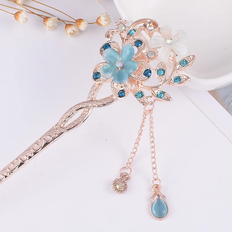 Fashion Metal Chinese Style Hair Stick Flower Rhinestone Hair Chopsticks Hairpin Cat Eye Stone Clip Women Hair Accessories