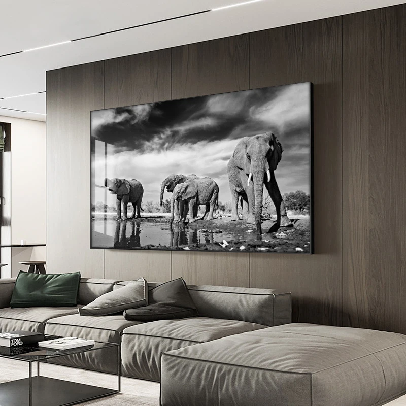 Black and White Animal Art Wild Elephant Landscape Canvas Painting Posters and Prints Cuadros Wall Art Picture for Living Room