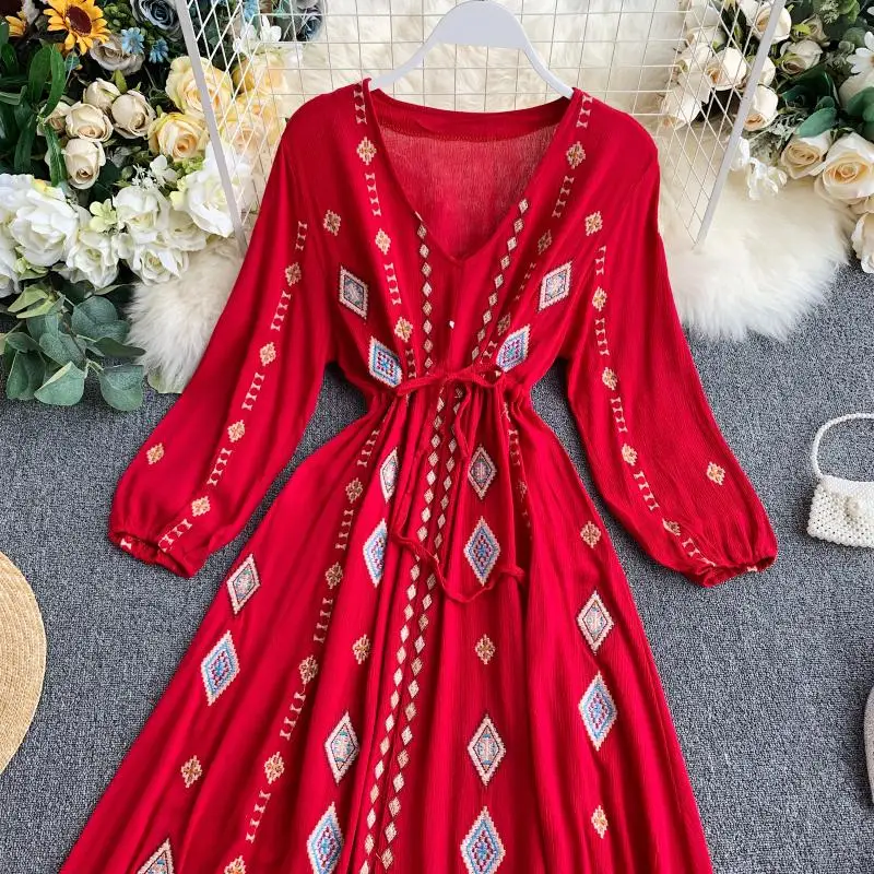 2021 V Neck Vintage Long Sleeve Vestidos Elegant High Waist Embroidered Travel Dress Bohemian Midi Dress Female Vestidos