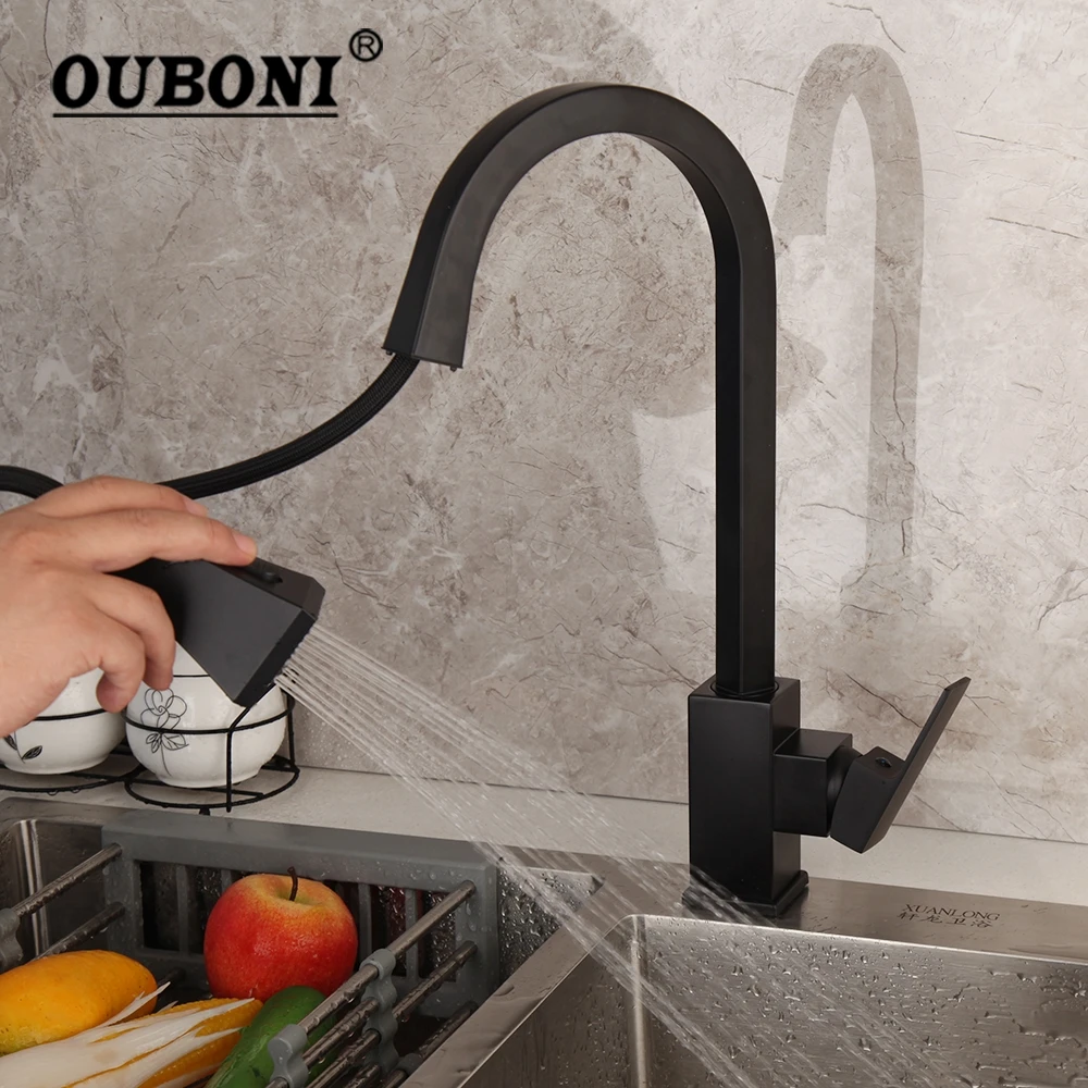 

OUBONI Black Kitchen Mixer Tap Faucet Single Hole Pull Out Spout Brushed Nickel Kitchen Sink Mixer Tap & Stream Sprayer Head