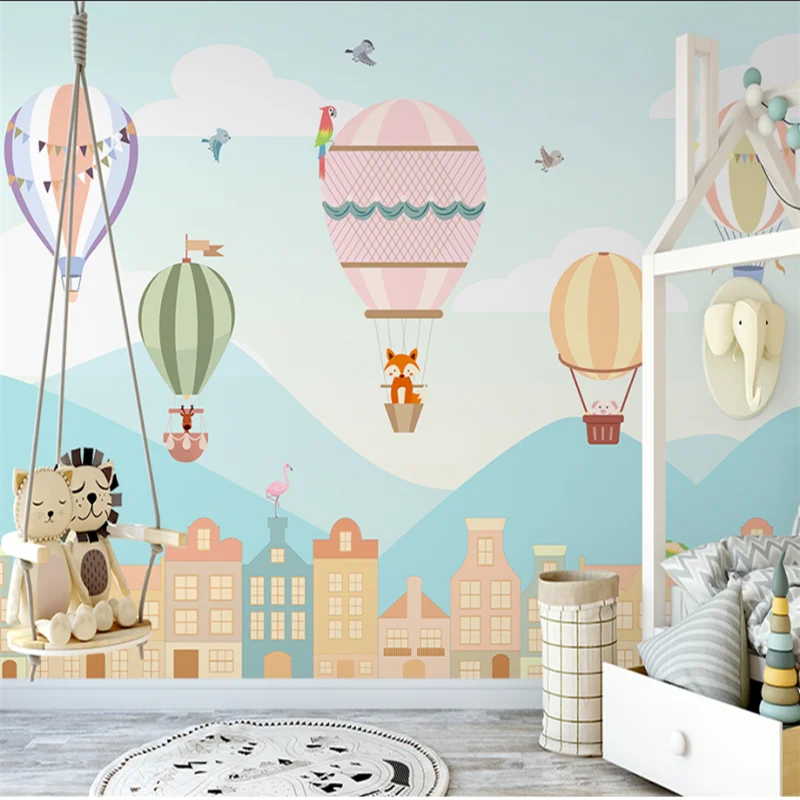 

wellyu Custom mural hand-painted Nordic style village hot air balloon children's room background bedroom background wallpaper