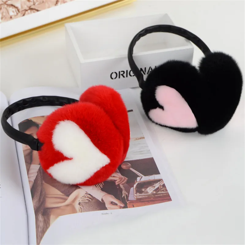 100% Natural Rex Rabbit Fur Earmuffs Female Autumn And Winter Warm Earmuffs Real Fur Fashion Love Earmuffs Gifts For Girls