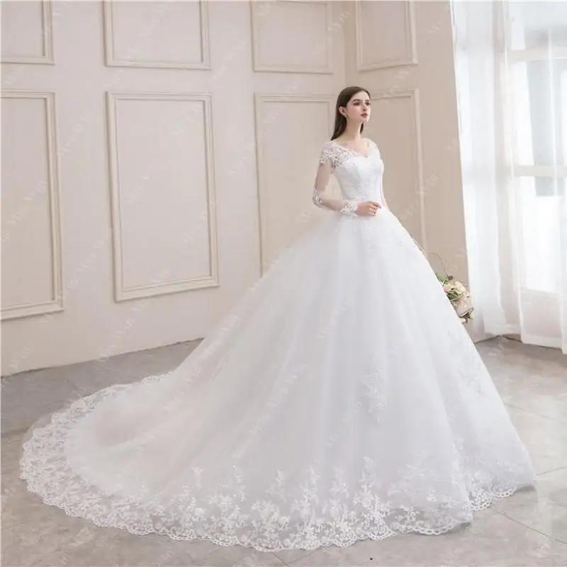 Wedding Dress 2023 New Luxury Full Sleeve  V-neck Bride Dress With Train Ball Gown Princess Classic Wedding Gowns