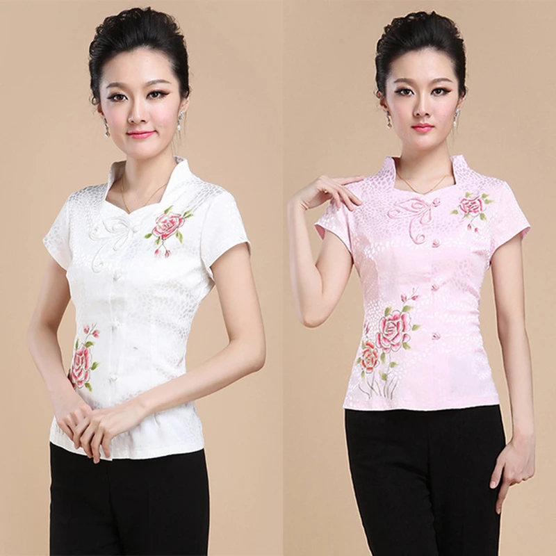 Chinese traditional Tang suit tops women short-sleeved shirt hotel restaurant waiter overalls foot spa tea artist clothing