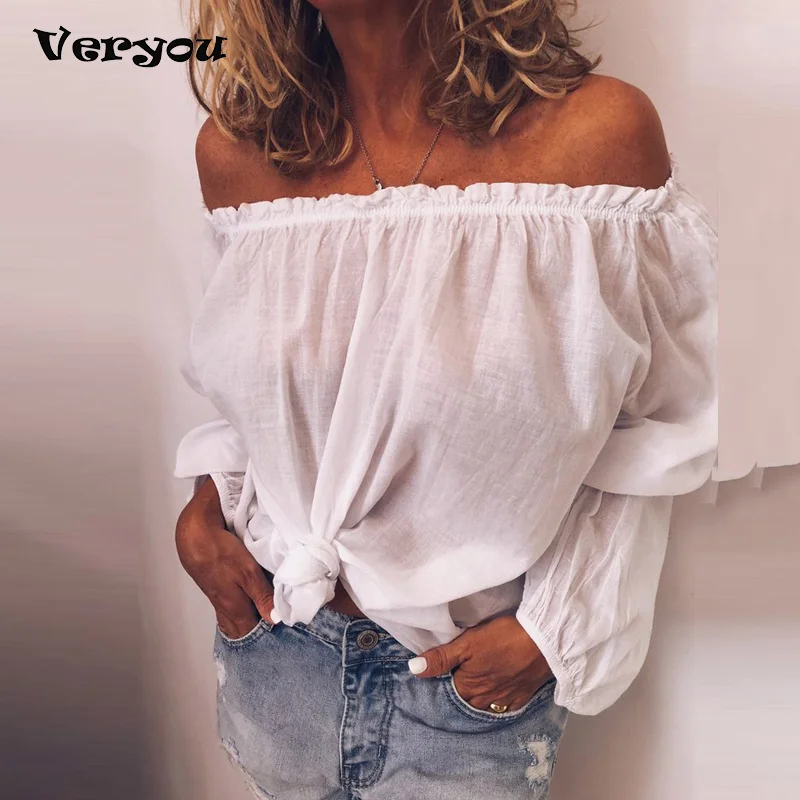 2023 Blouses Women Solid Casual Off Shoulder Blouse Shirt Tops Plus Size Blouse Women One Neckline Pleated Elastic Lady\'s Shirt