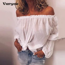 2023 Blouses Women Solid Casual Off Shoulder Blouse Shirt Tops Plus Size Blouse Women One Neckline Pleated Elastic Lady's Shirt