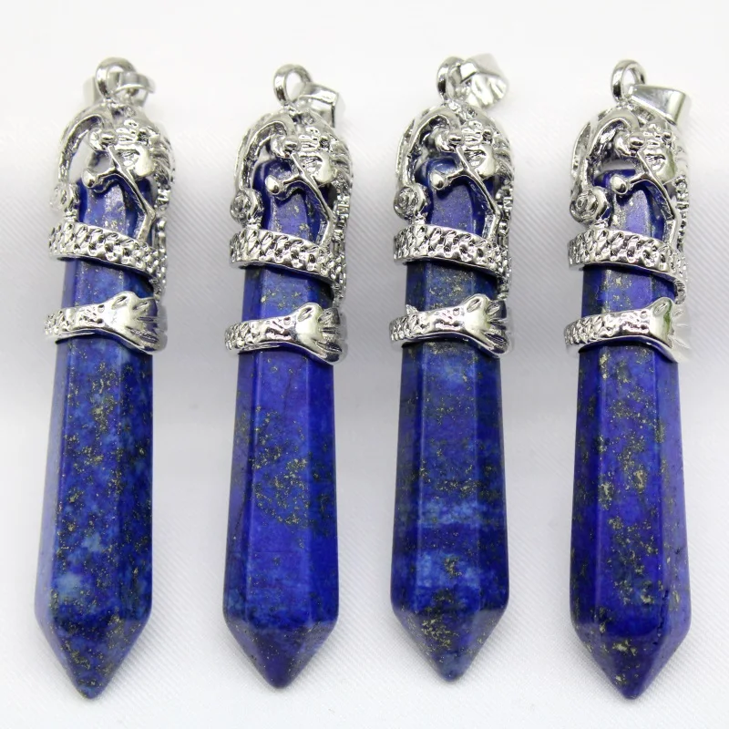 

Wholesale 6Pcs New High Quality Natural Stone Lapis Lazuli Dragon Hexagonal Column Pendant for DIY Making Women Men Jewelry