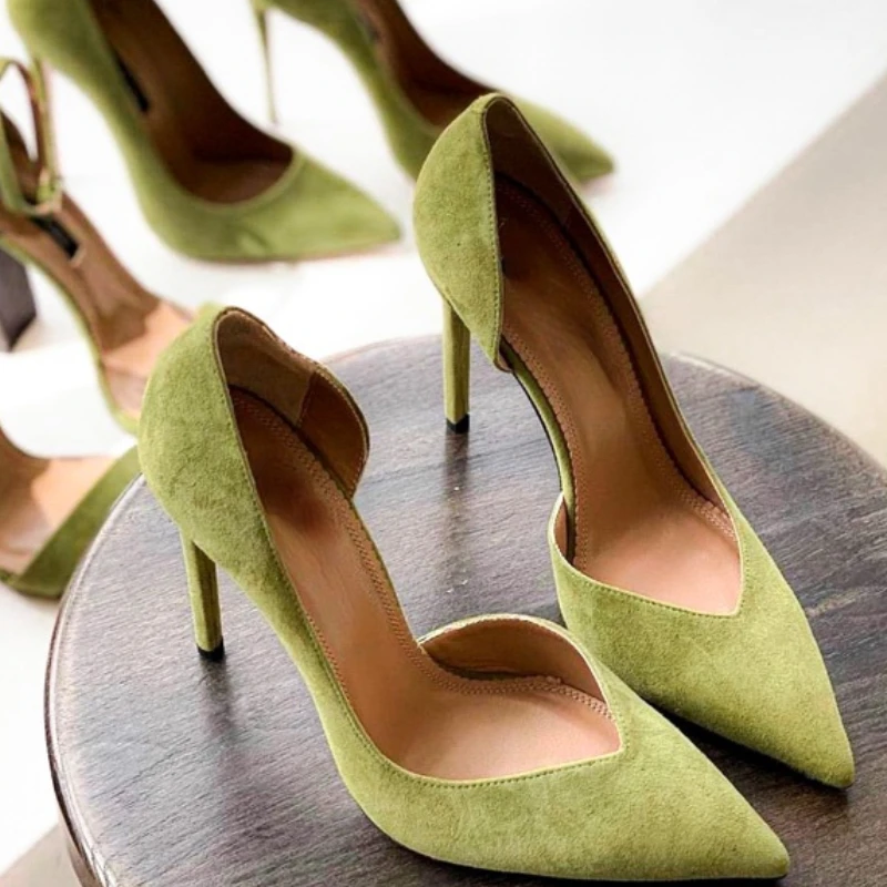 Fall Pointed Toe Low-Cut Shoes Women\'s Elegant Side Empty Women\'s Shoes Mid Heel Suede Green High Heels